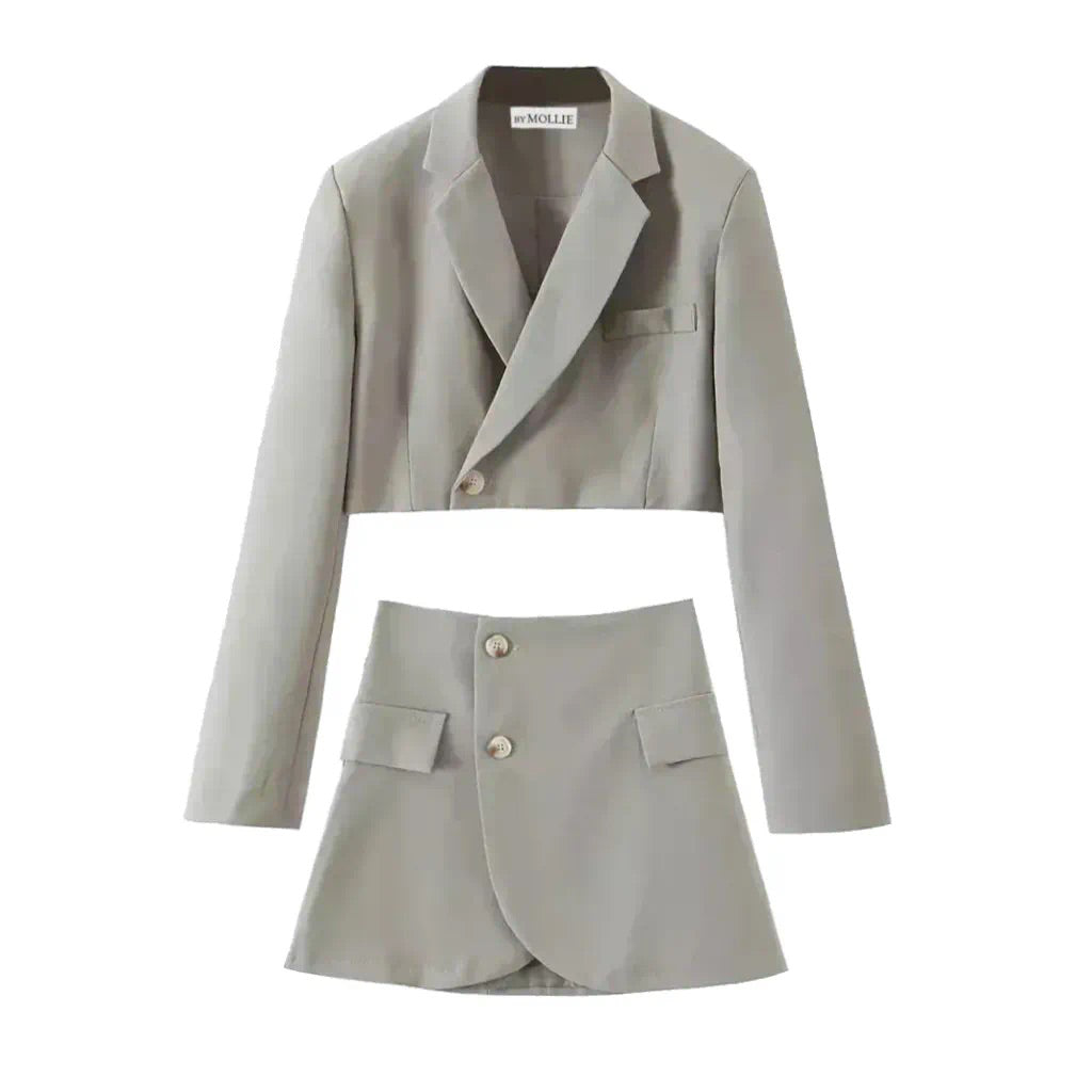 GREY CROP BLAZER AND MINI SKIRT CO-ORD