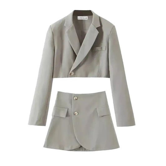 GREY CROP BLAZER AND MINI SKIRT CO-ORD