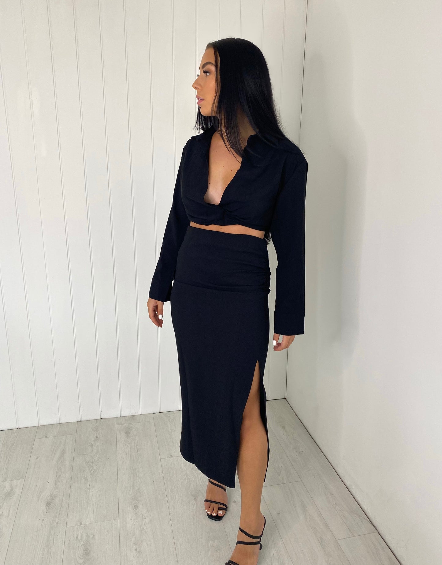 BLACK CROP SHIRT AND SIDE SPLIT MIDI SKIRT CO-ORD