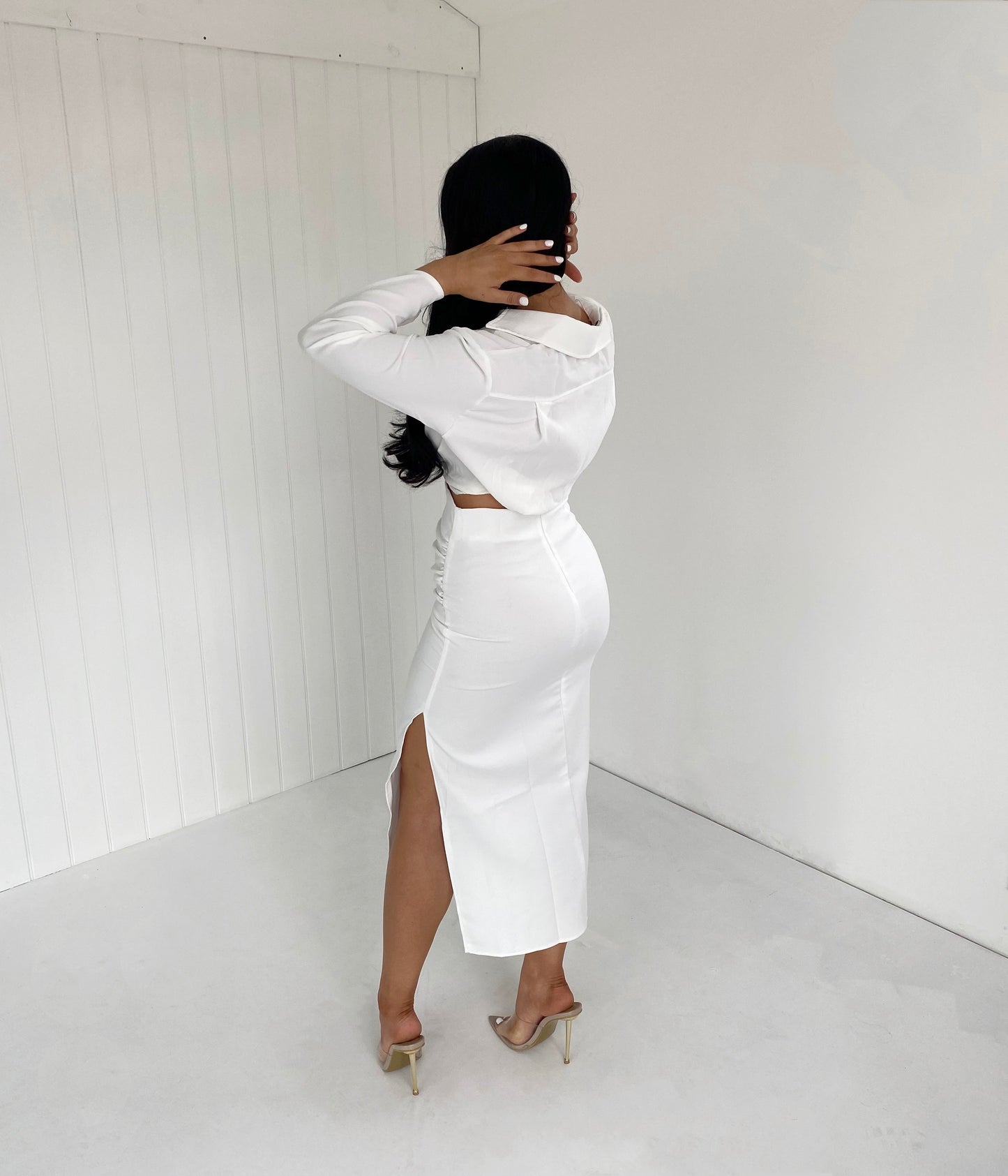 WHITE CROP SHIRT AND SIDE SPLIT MIDI SKIRT CO-ORD