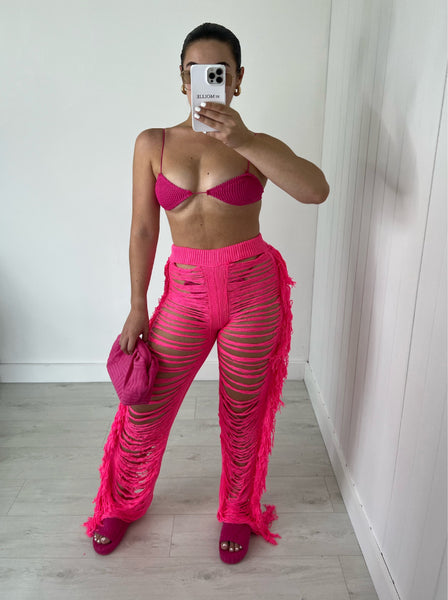 PINK HIGH WAIST DISTRESSED TROUSERS