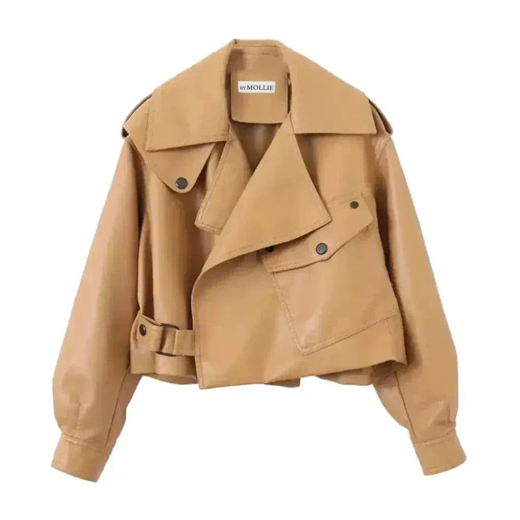 CAMEL OVERSIZED VEGAN LEATHER JACKET