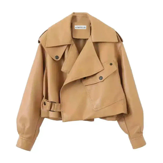 CAMEL OVERSIZED VEGAN LEATHER JACKET