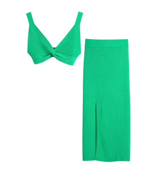 GREEN KNIT BRALET AND SLIT LEG MAXI SKIRT
