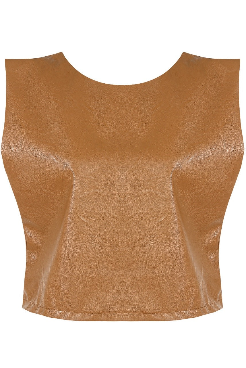 CAMEL FAUX LEATHER SHOULDER PADDED CROP TOP