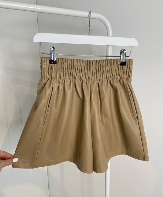 BEIGE FLARE VEGAN LEATHER SHORTS