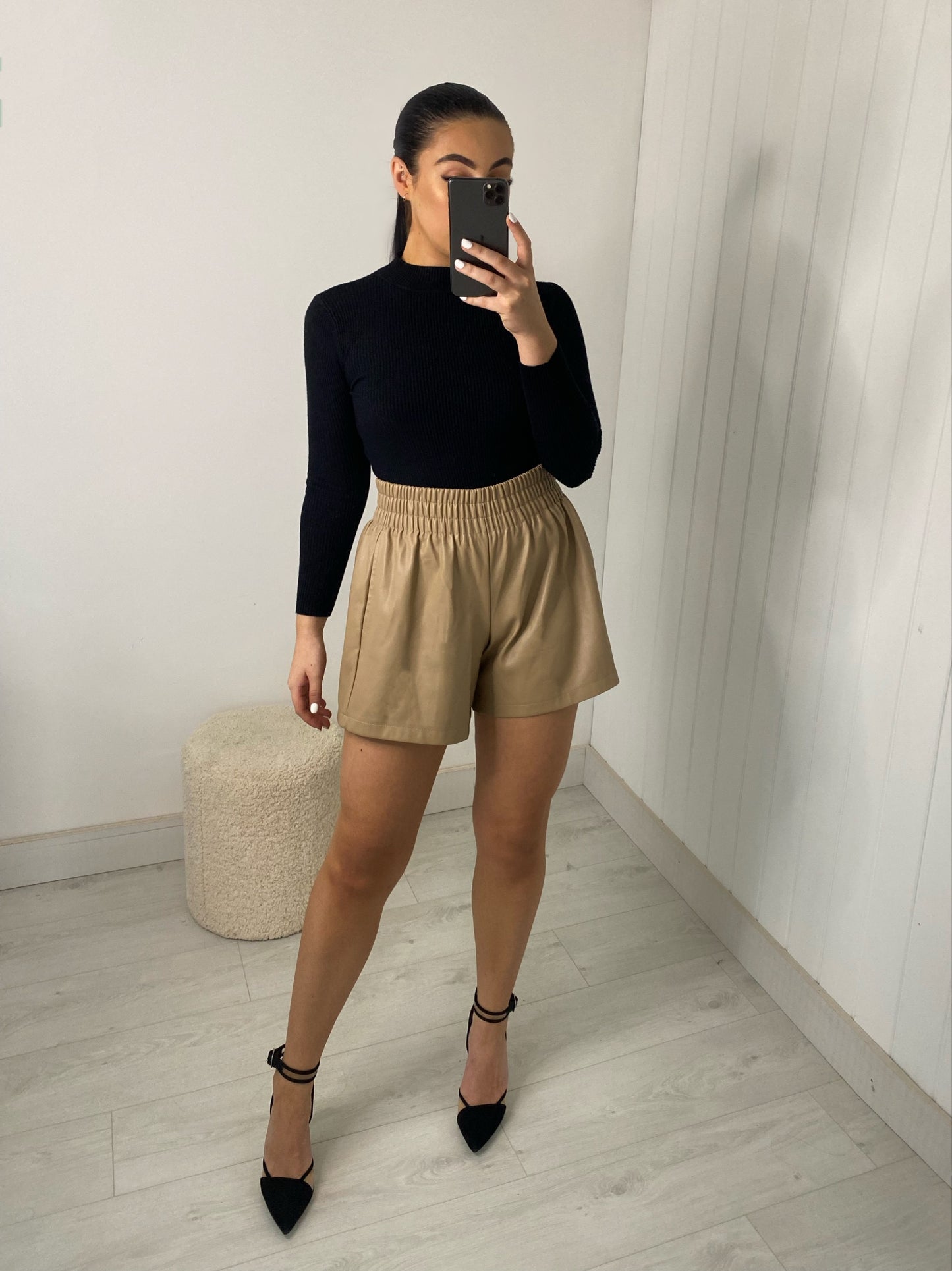 BEIGE FLARE VEGAN LEATHER SHORTS