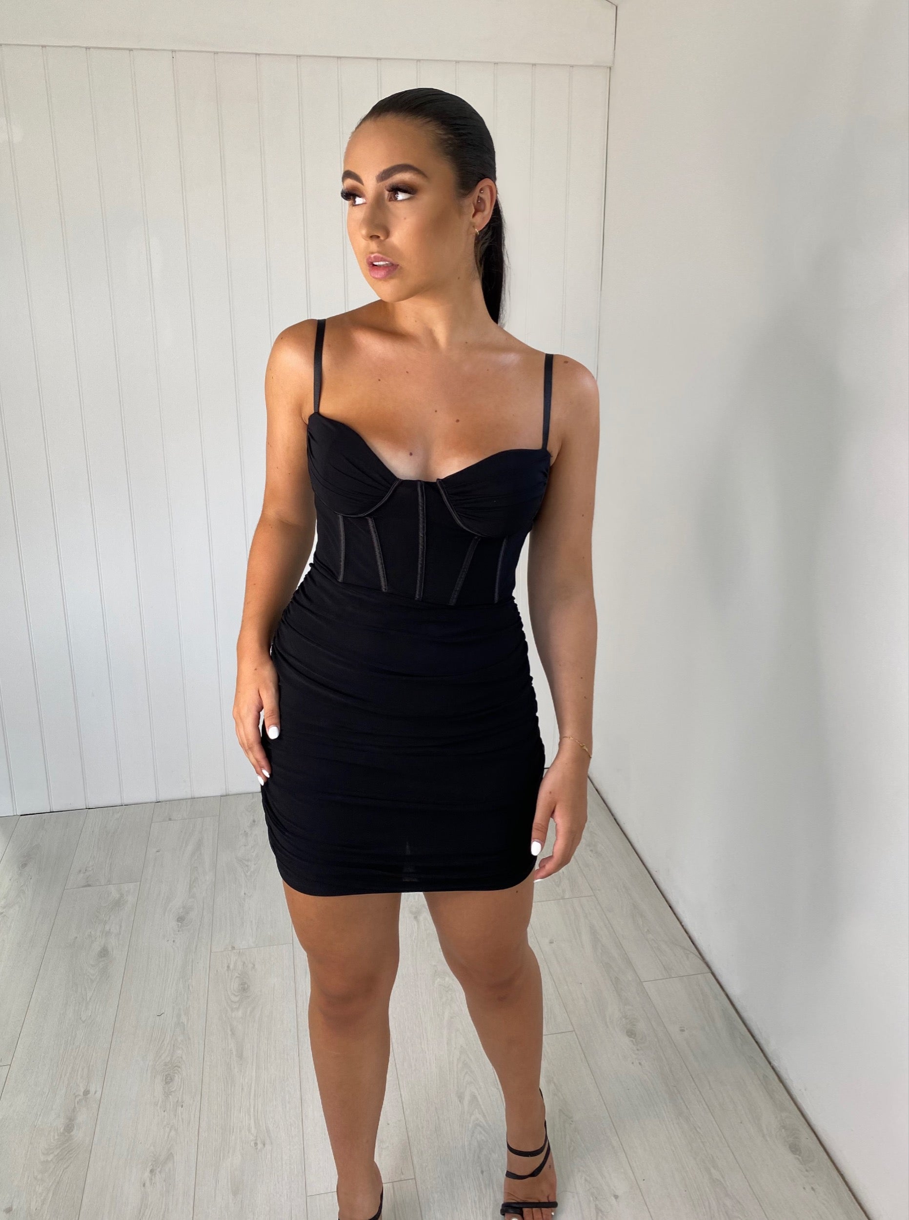 MESH RUCHED BODYCON CORSET MINI DRESS bymollie MESH RUCHED BODYCON CORSET MINI DRESS bymollie