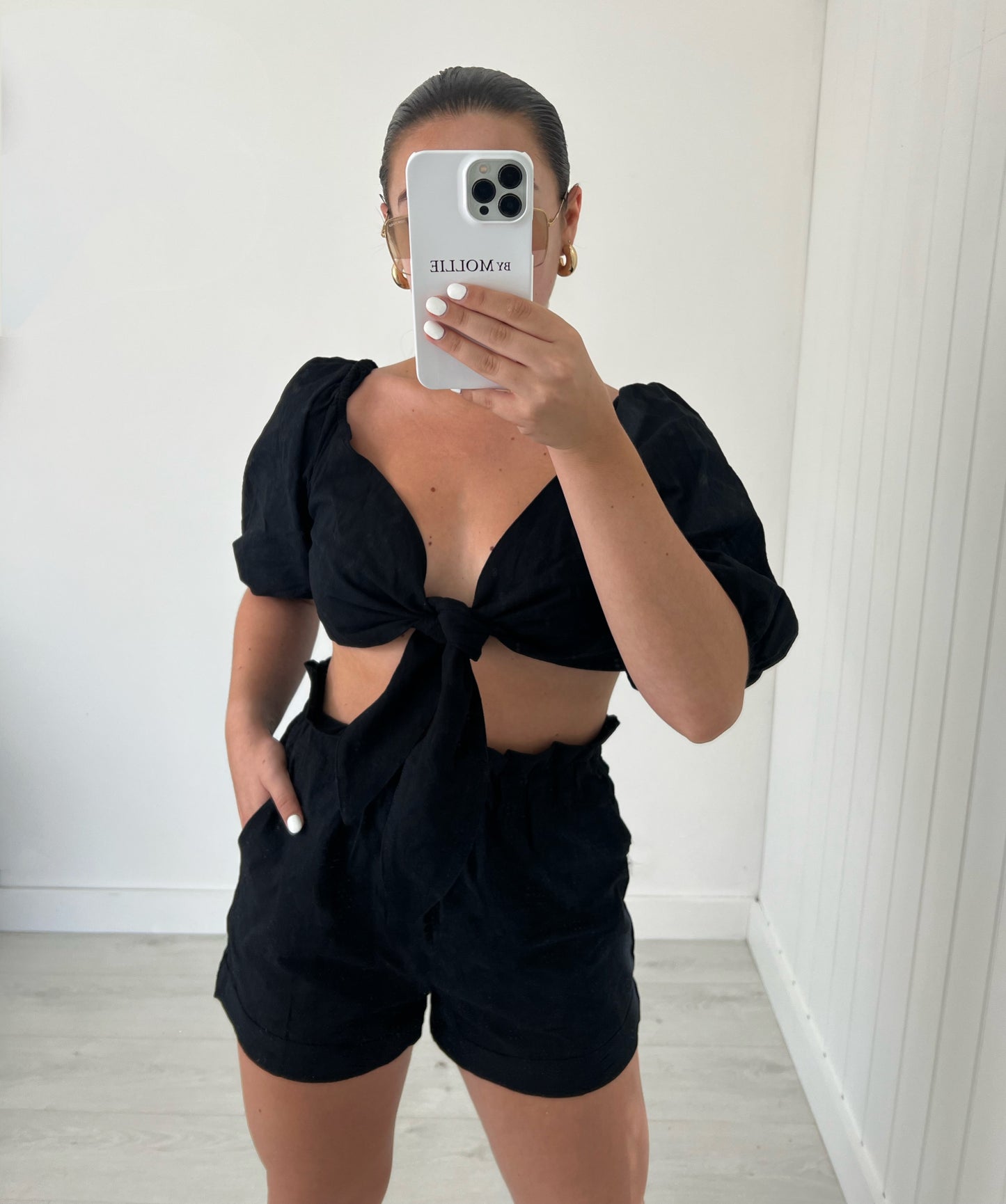 BLACK TIE FRONT CROP BLOUSE AND SHORTS CO-ORD