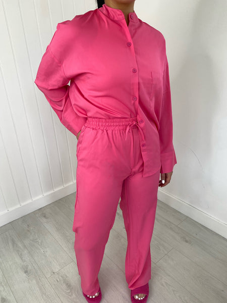 PINK SATIN OVERSIZED SHIRT AND TROUSER CO-ORD