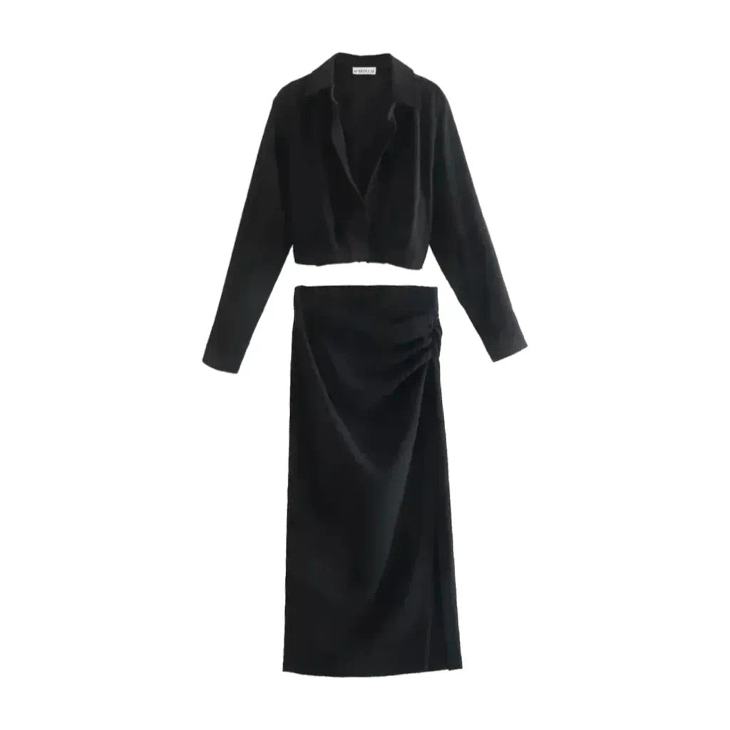 BLACK CROP SHIRT AND SIDE SPLIT MIDI SKIRT CO-ORD