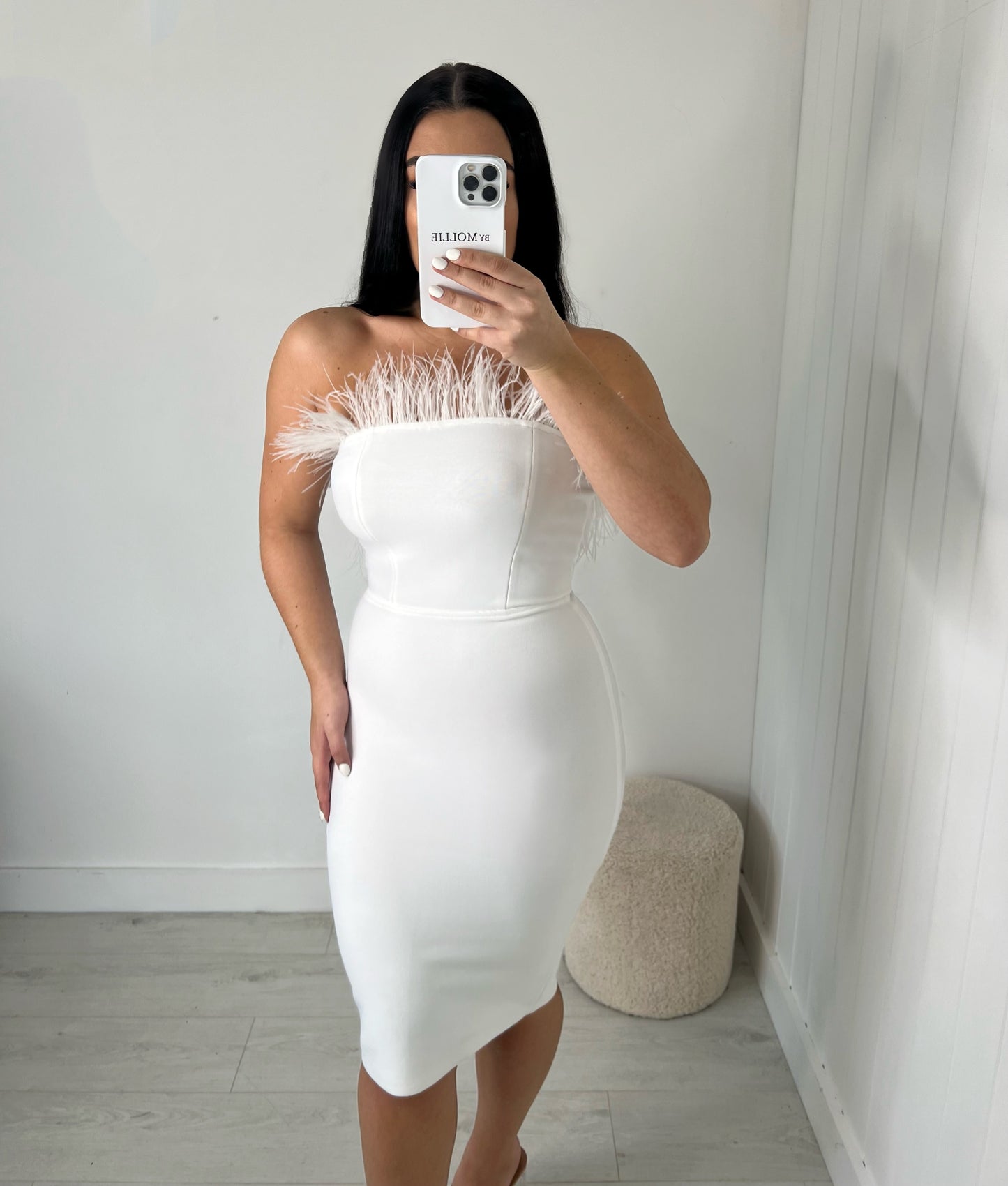 WHITE FEATHER BUST BANDAGE MIDI DRESS
