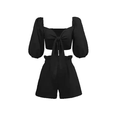 BLACK TIE FRONT CROP BLOUSE AND SHORTS CO-ORD