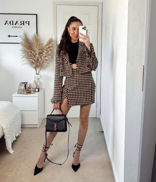CAMEL AND BLACK TWEED CROP BLAZER AND SIDE SPLIT MINI SKIRT CO-ORD