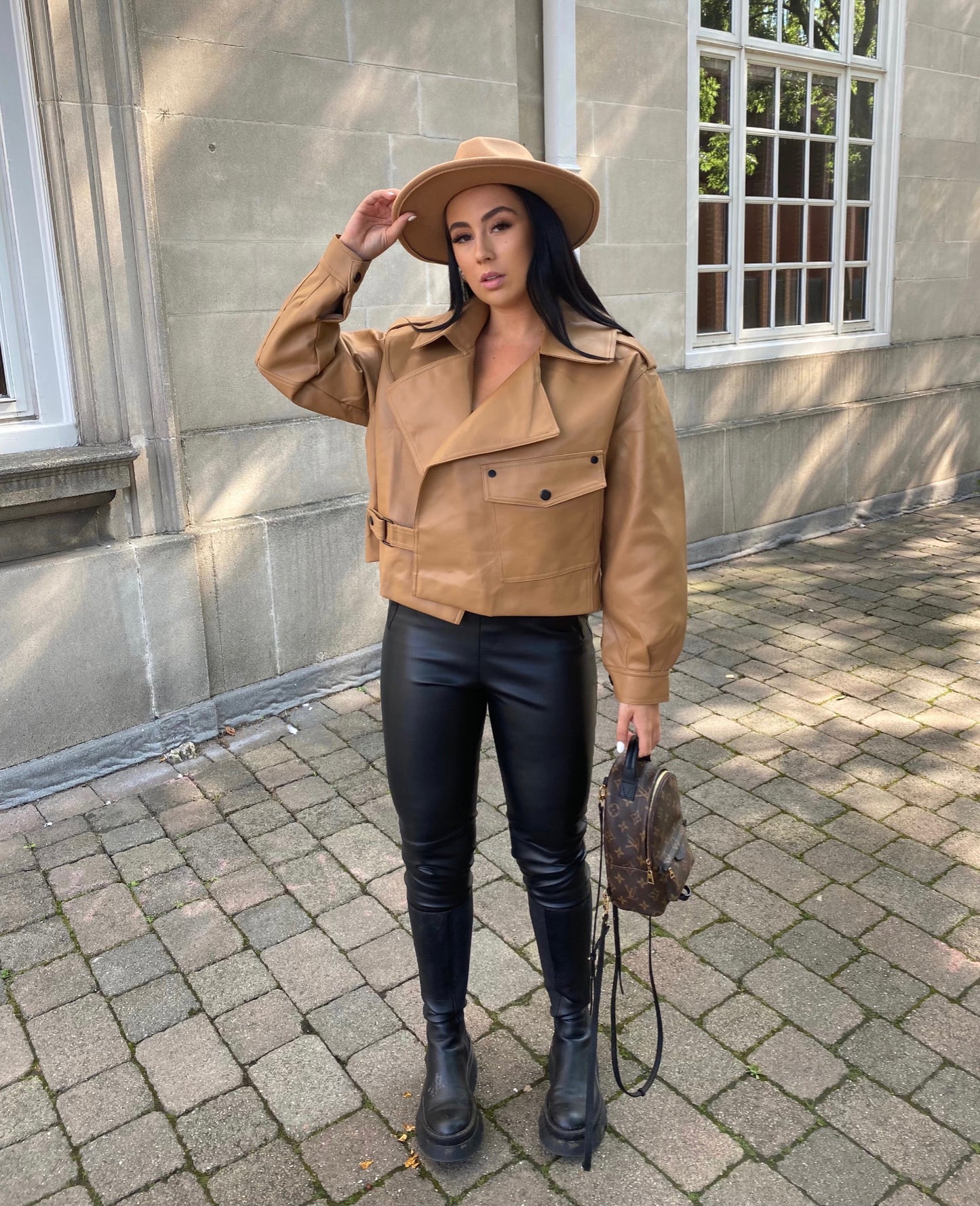 CAMEL OVERSIZED VEGAN LEATHER JACKET