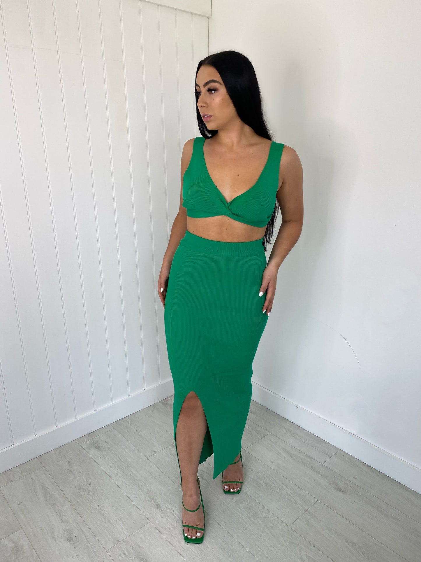 GREEN KNIT BRALET AND SLIT LEG MAXI SKIRT