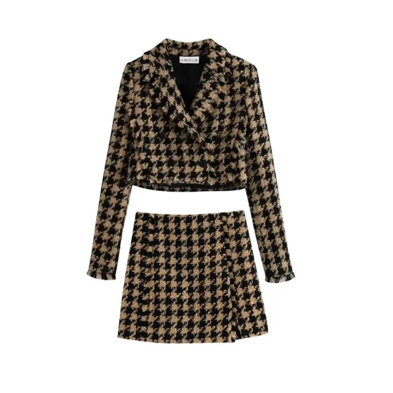 CAMEL AND BLACK TWEED CROP BLAZER AND SIDE SPLIT MINI SKIRT CO-ORD