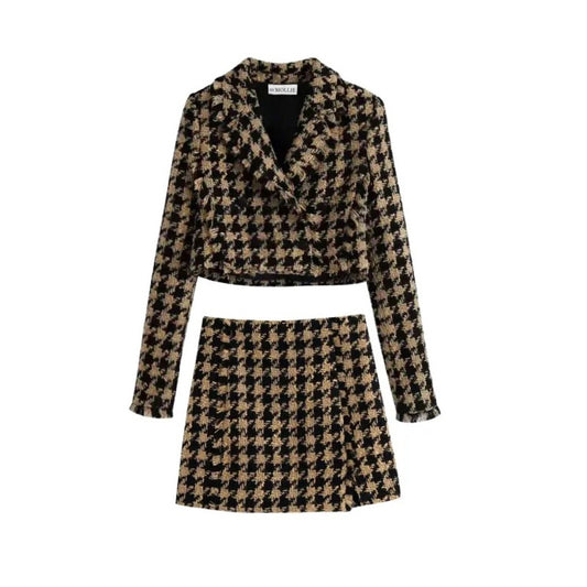 CAMEL AND BLACK TWEED CROP BLAZER AND SIDE SPLIT MINI SKIRT CO-ORD