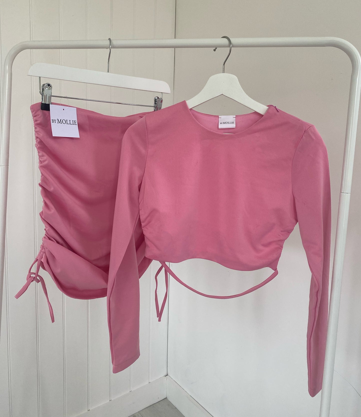 BABY PINK BACKLESS CROP TOP AND RUCHED MINI SKIRT CO-ORD