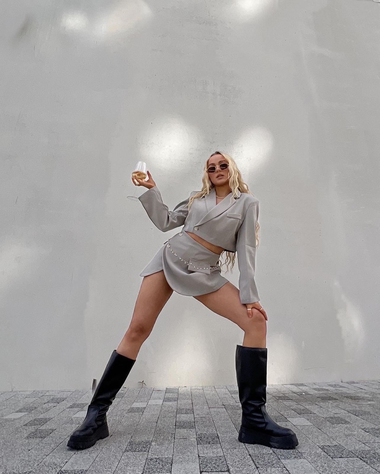 GREY CROP BLAZER AND MINI SKIRT CO-ORD