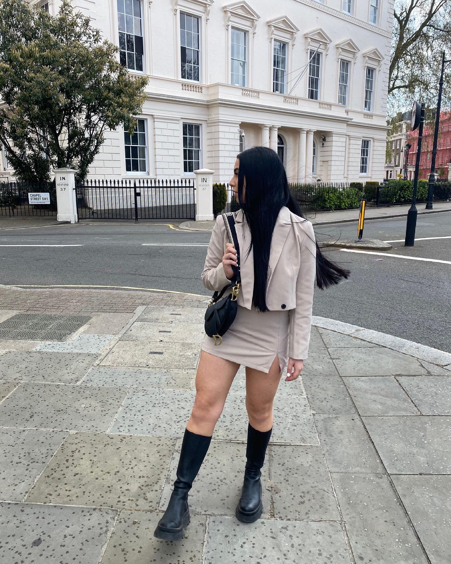 NUDE CROP BLAZER AND MINI SKIRT CO-ORD