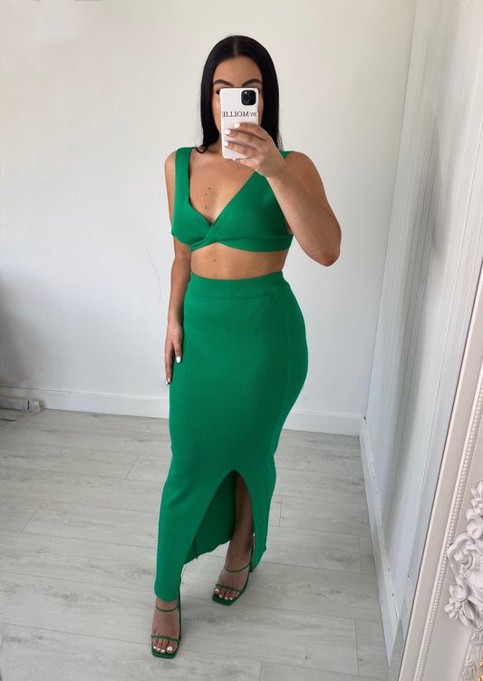 GREEN KNIT BRALET AND SLIT LEG MAXI SKIRT