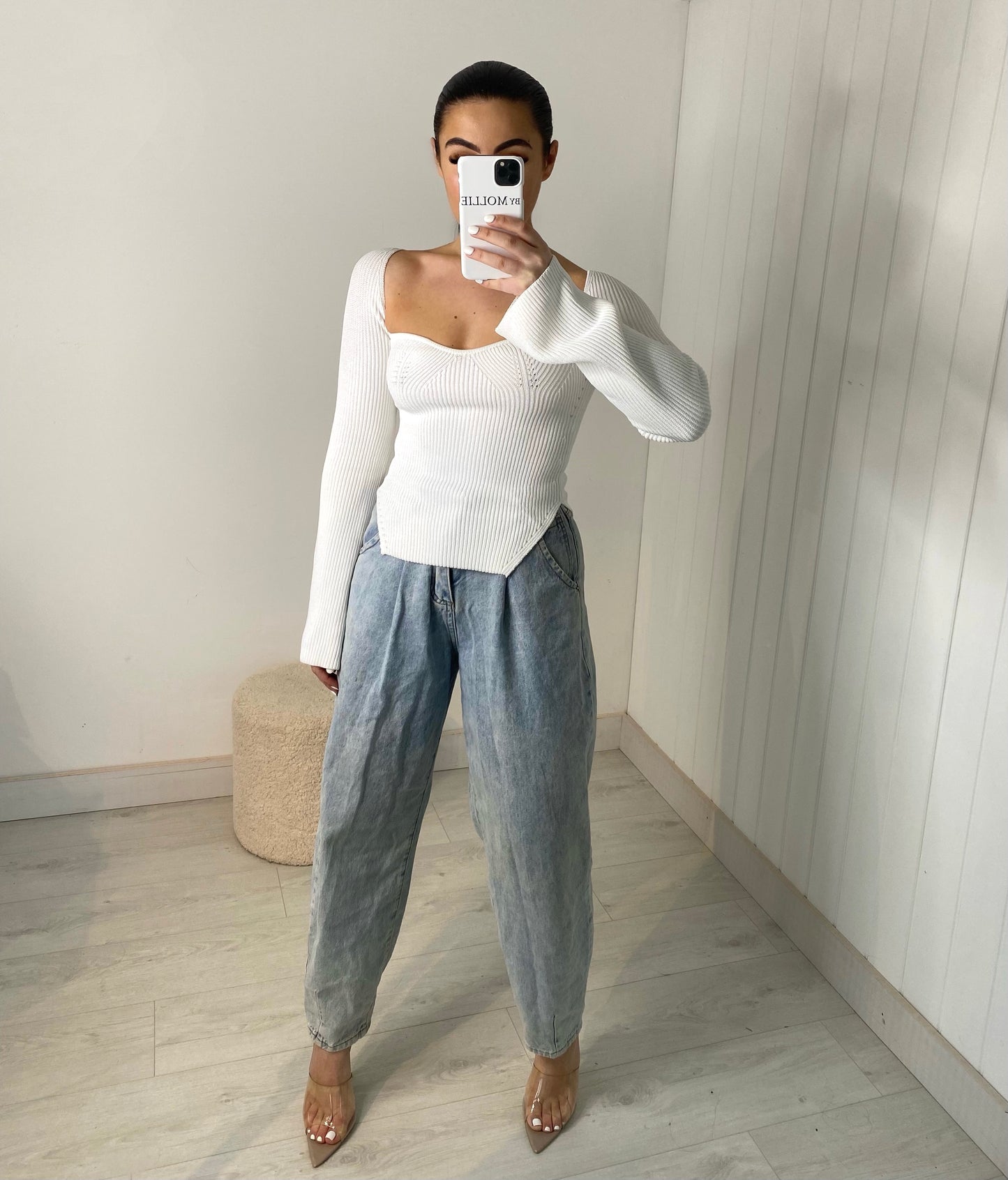 WHITE SQUARE NECK KNITTED JUMPER