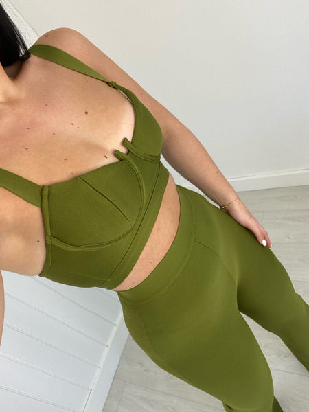 OLIVE GREEN BANDAGE BRALET AND FLARE TROUSER CO-ORD