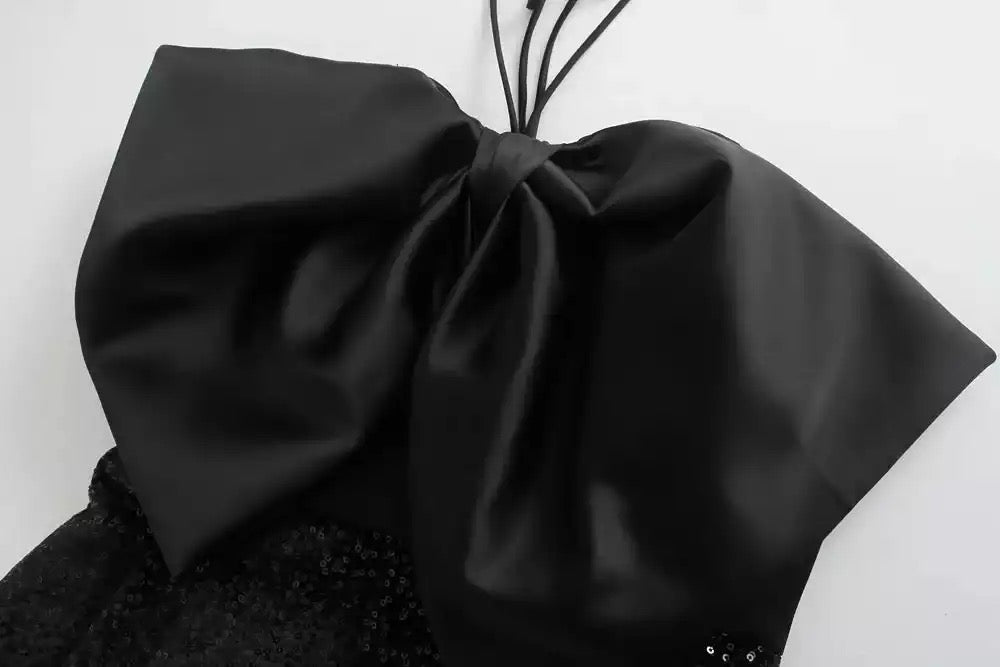 BLACK SATIN BOW AND SEQUIN SHORTS PLAYSUIT