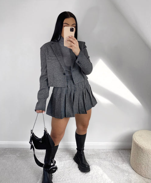 GREY CHECK CROP BLAZER AND PLEATED MINI SKIRT CO-ORD