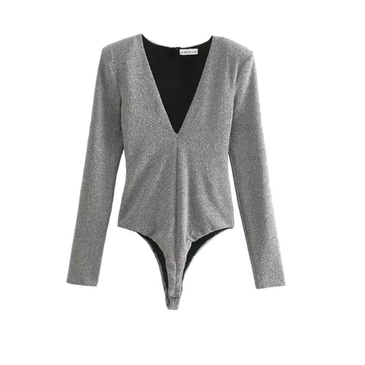 METALLIC SHIMMER V NECK LONG SLEEVE BODYSUIT