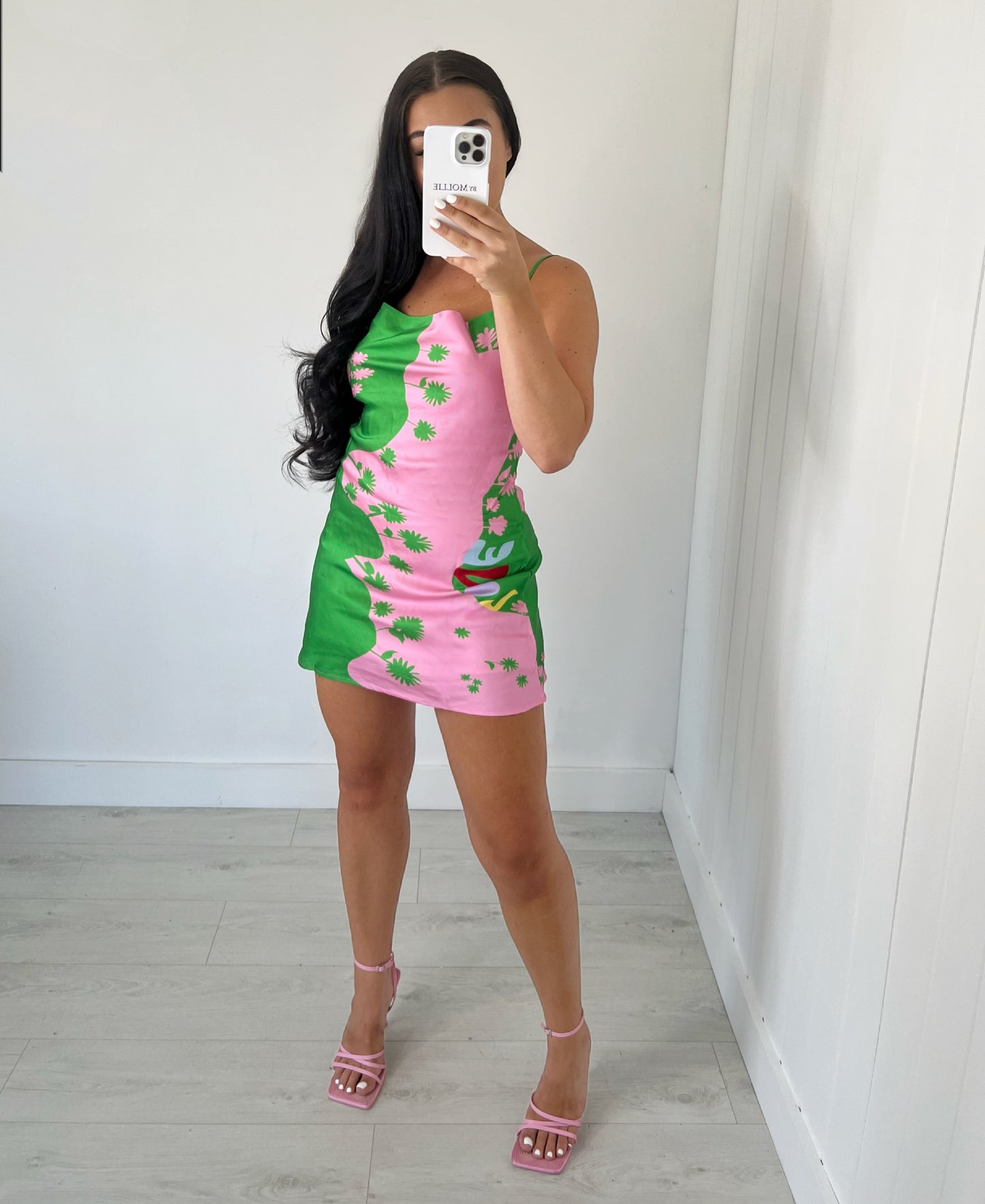 GREEN AND PINK PRINTED SATIN MINI DRESS