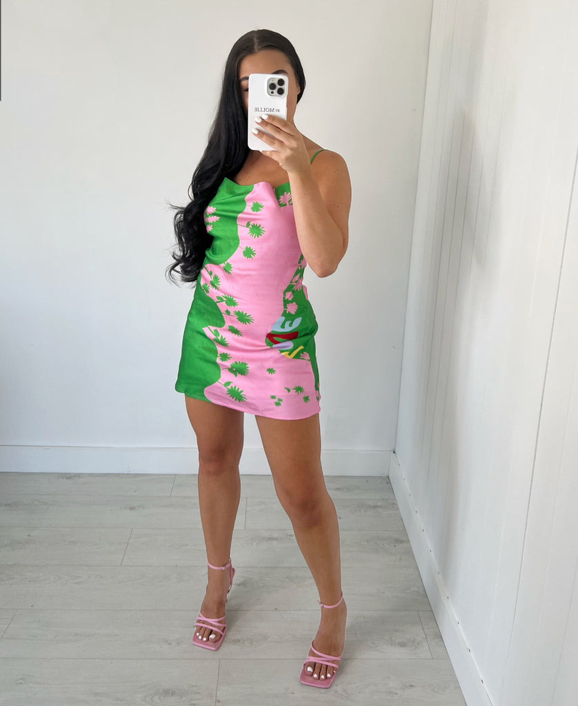 GREEN AND PINK PRINTED SATIN MINI DRESS bymollie GREEN AND PINK PRINTED SATIN MINI DRESS bymollie