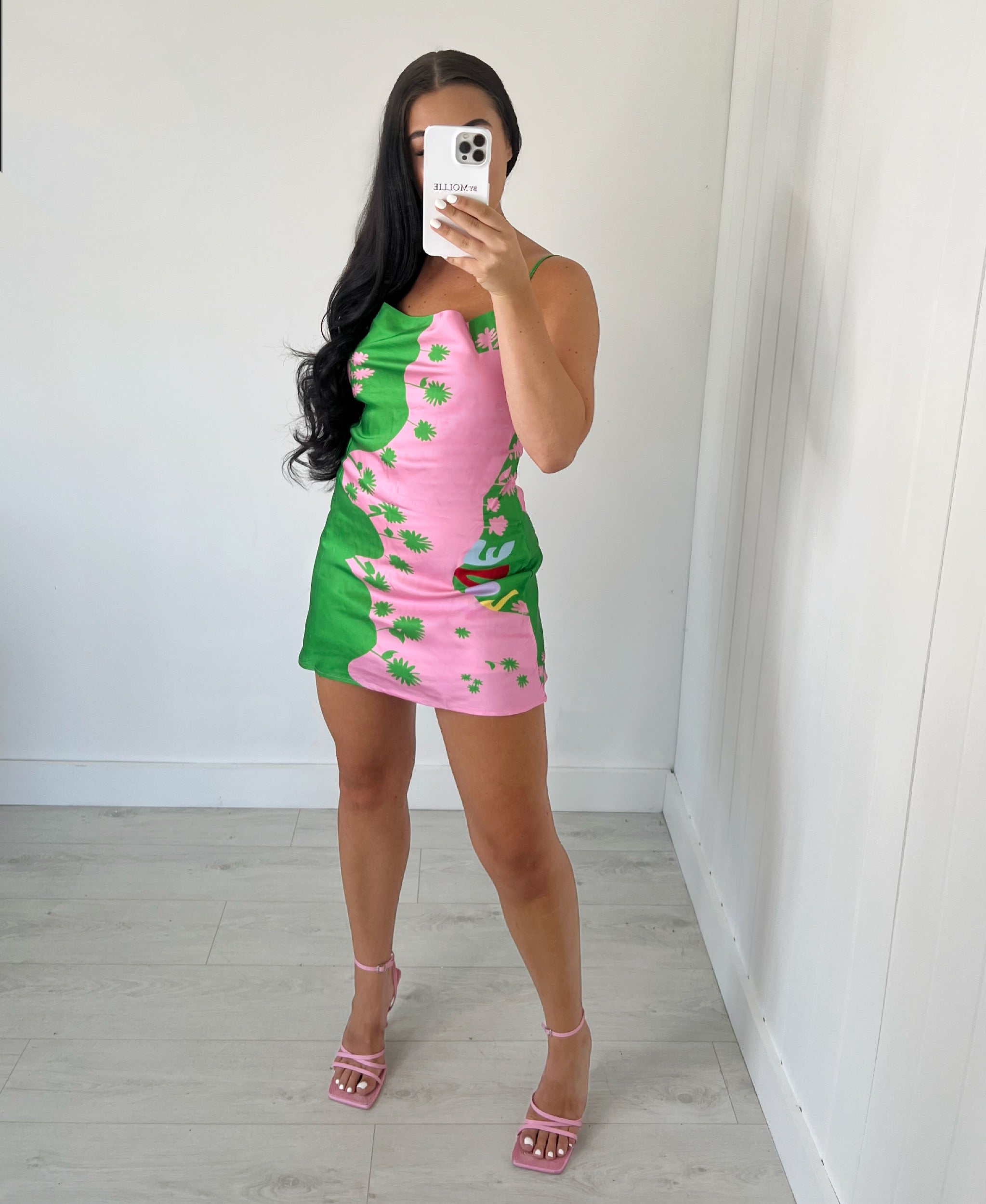 GREEN AND PINK PRINTED SATIN MINI DRESS  bymollie