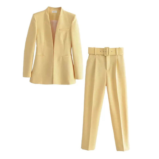 BABY YELLOW BLAZER AND BELTED TROUSER CO-ORD