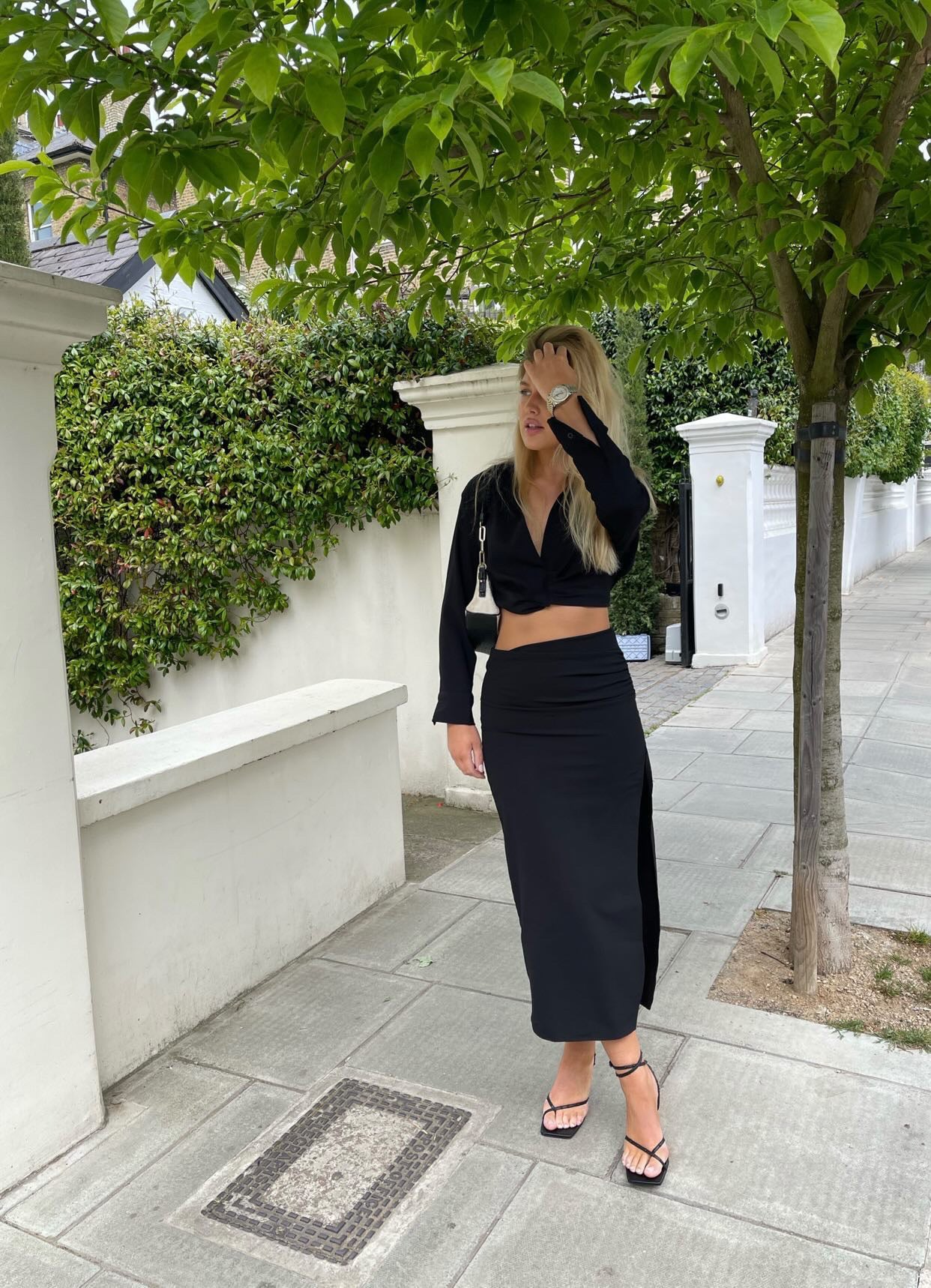 BLACK CROP SHIRT AND SIDE SPLIT MIDI SKIRT CO-ORD