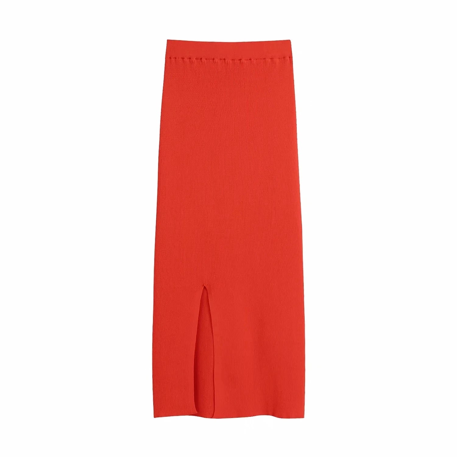 RED KNIT BRALET AND SLIT LEG MIDI SKIRT