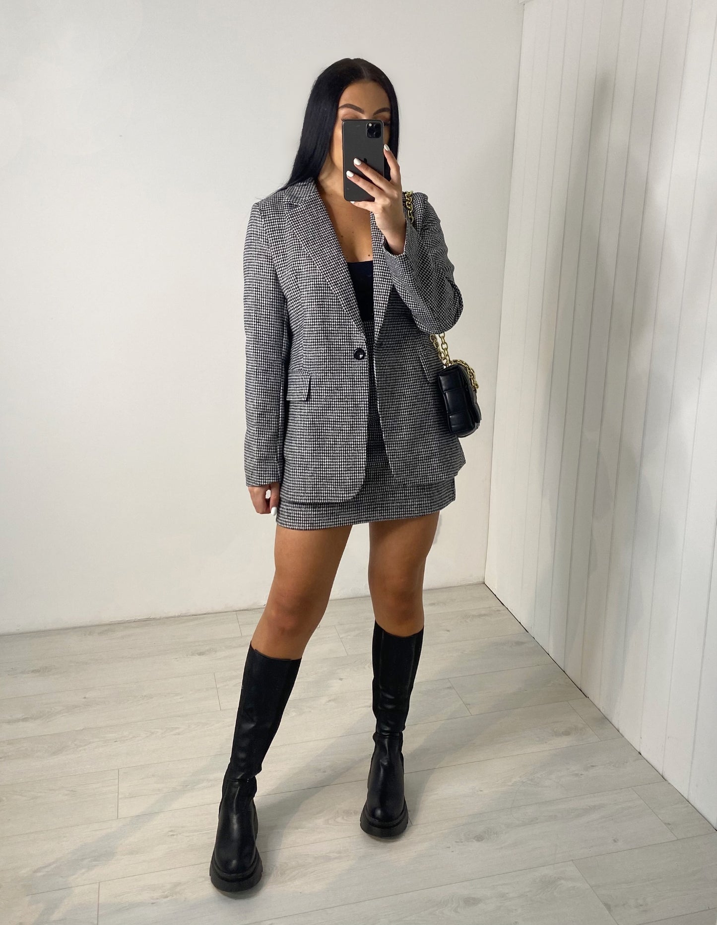 MONOCHROME GINGHAM BLAZER AND MINI SKIRT CO-ORD