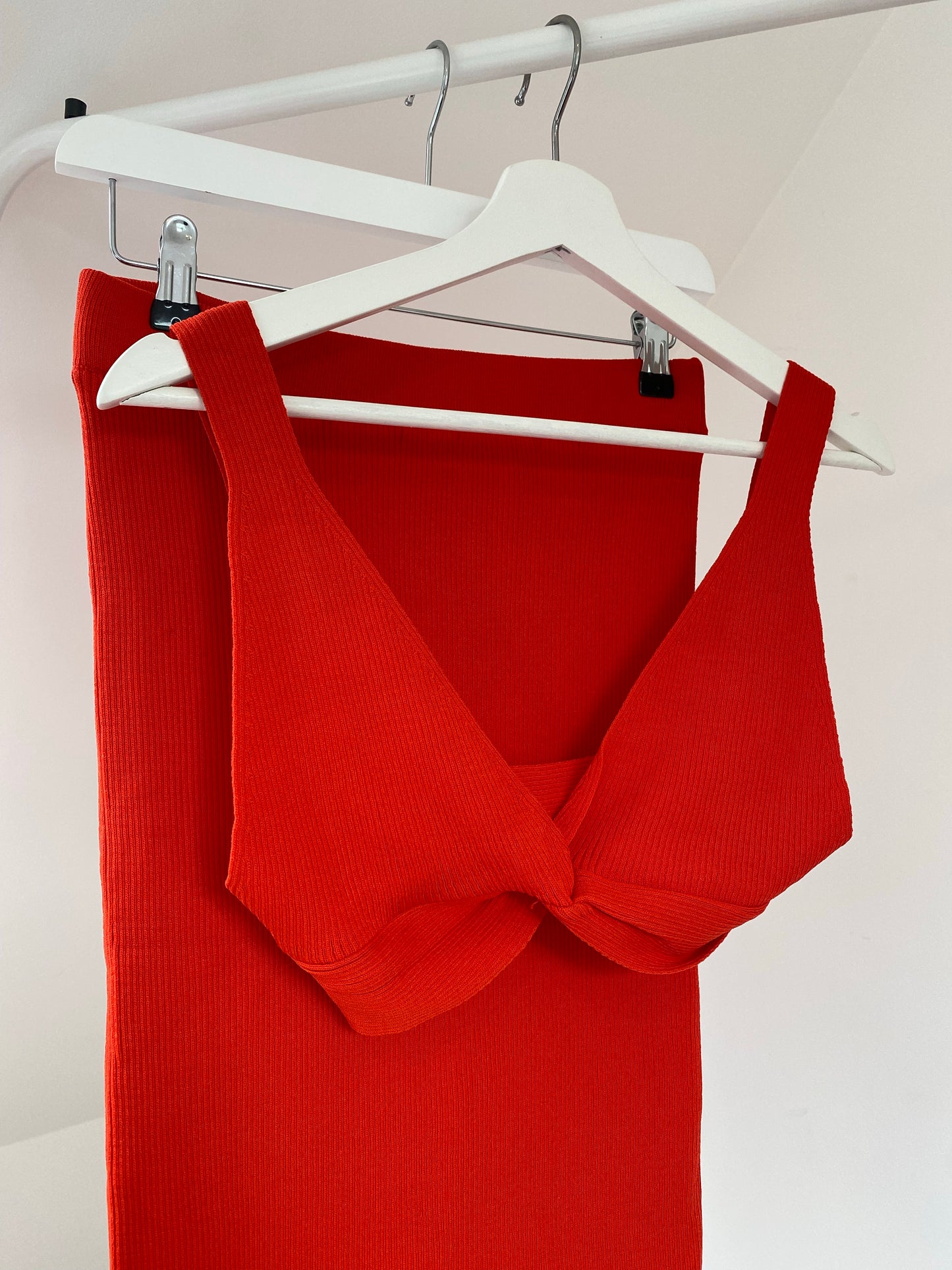 RED KNIT BRALET AND SLIT LEG MIDI SKIRT
