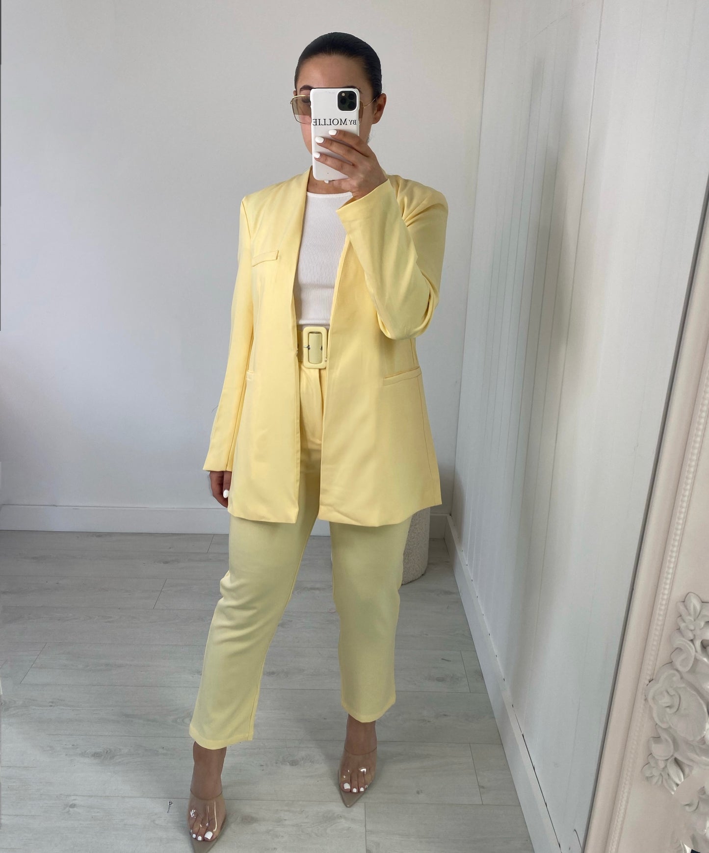 BABY YELLOW BLAZER AND BELTED TROUSER CO-ORD