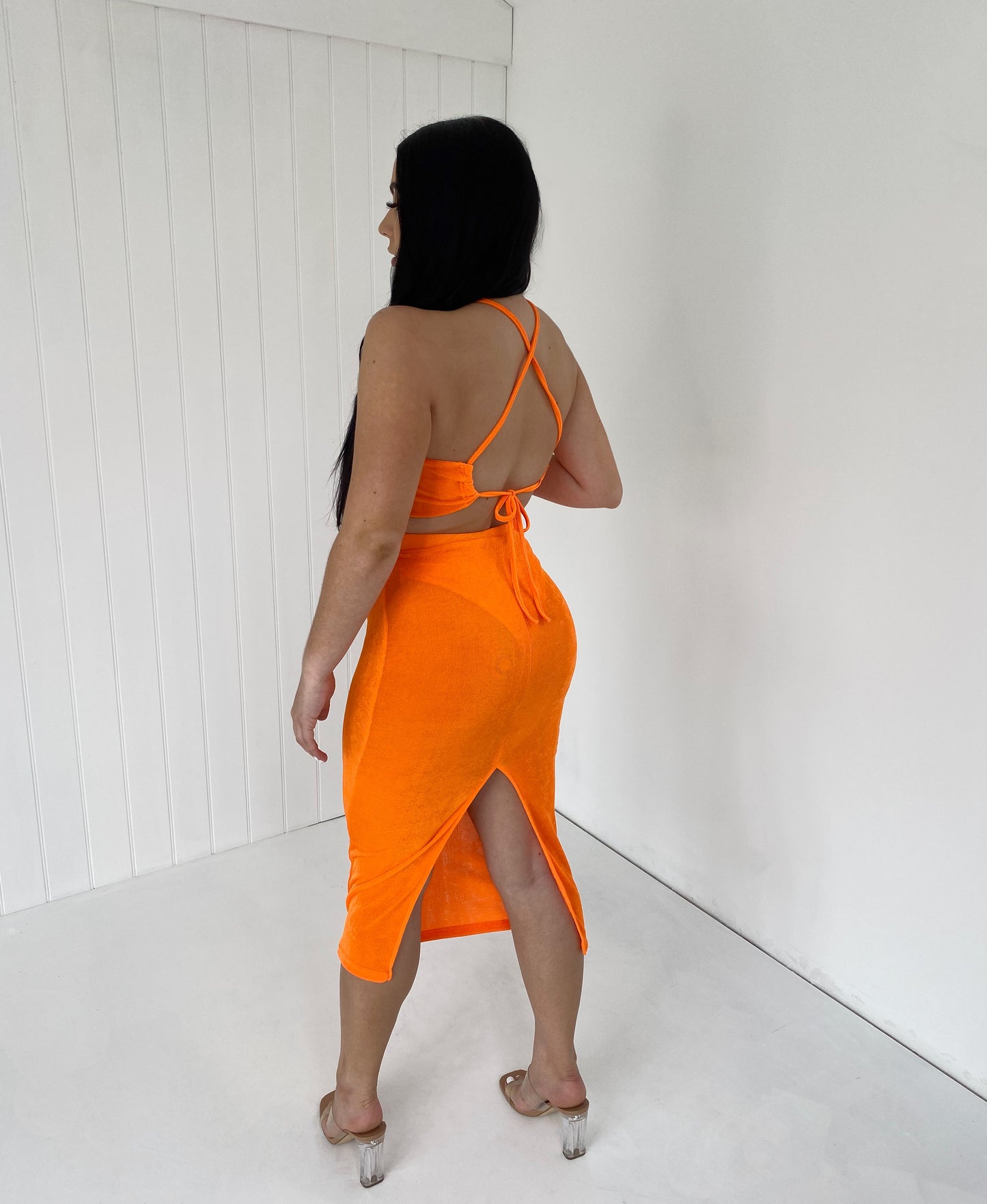 ORANGE SHEER RUCHED CROP TOP AND SPLIT BACK MIDI SKIRT