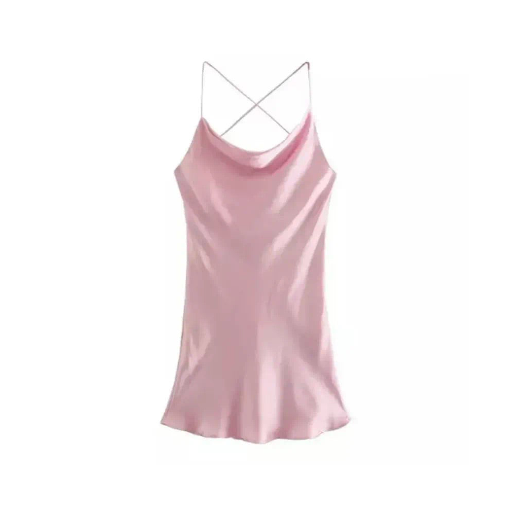 BABY PINK SATIN CROSS BACK MINI DRESS