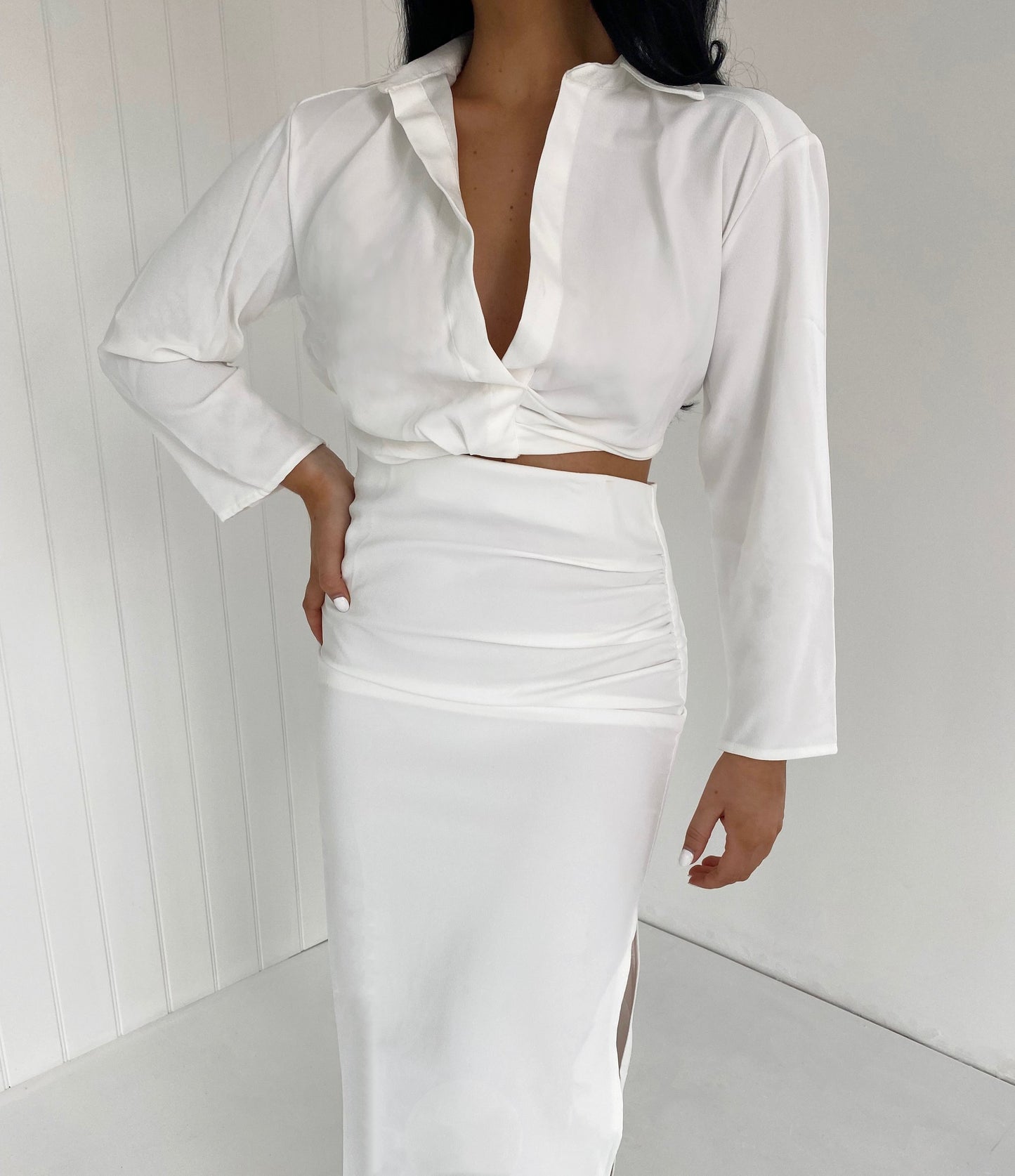 WHITE CROP SHIRT AND SIDE SPLIT MIDI SKIRT CO-ORD
