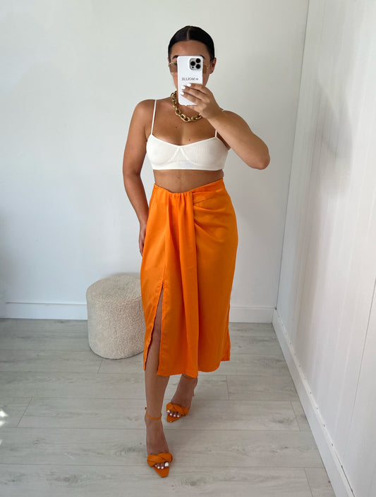 ORANGE GATHERED SPLIT MIDI SKIRT