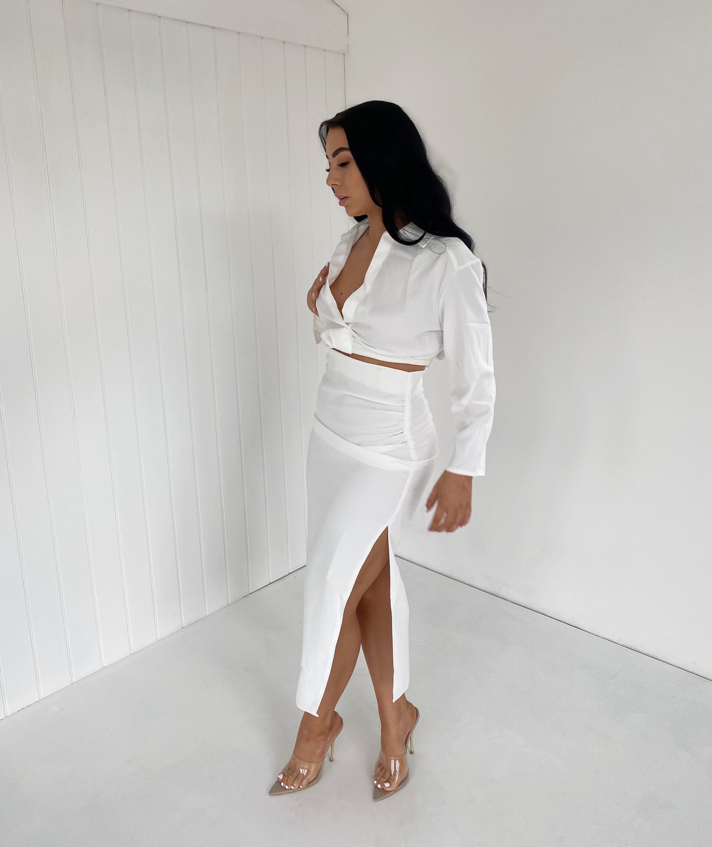 WHITE CROP SHIRT AND SIDE SPLIT MIDI SKIRT CO-ORD
