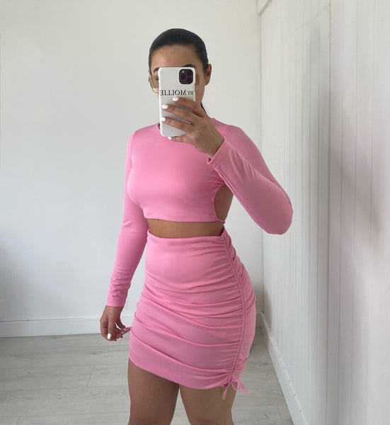 BABY PINK BACKLESS CROP TOP AND RUCHED MINI SKIRT CO-ORD