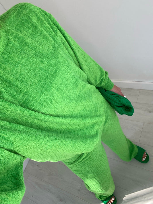 LIME GREEN OVERSIZED TOWELLING SWEATSHIRT AND WIDE LEG TROUSER CO-ORD