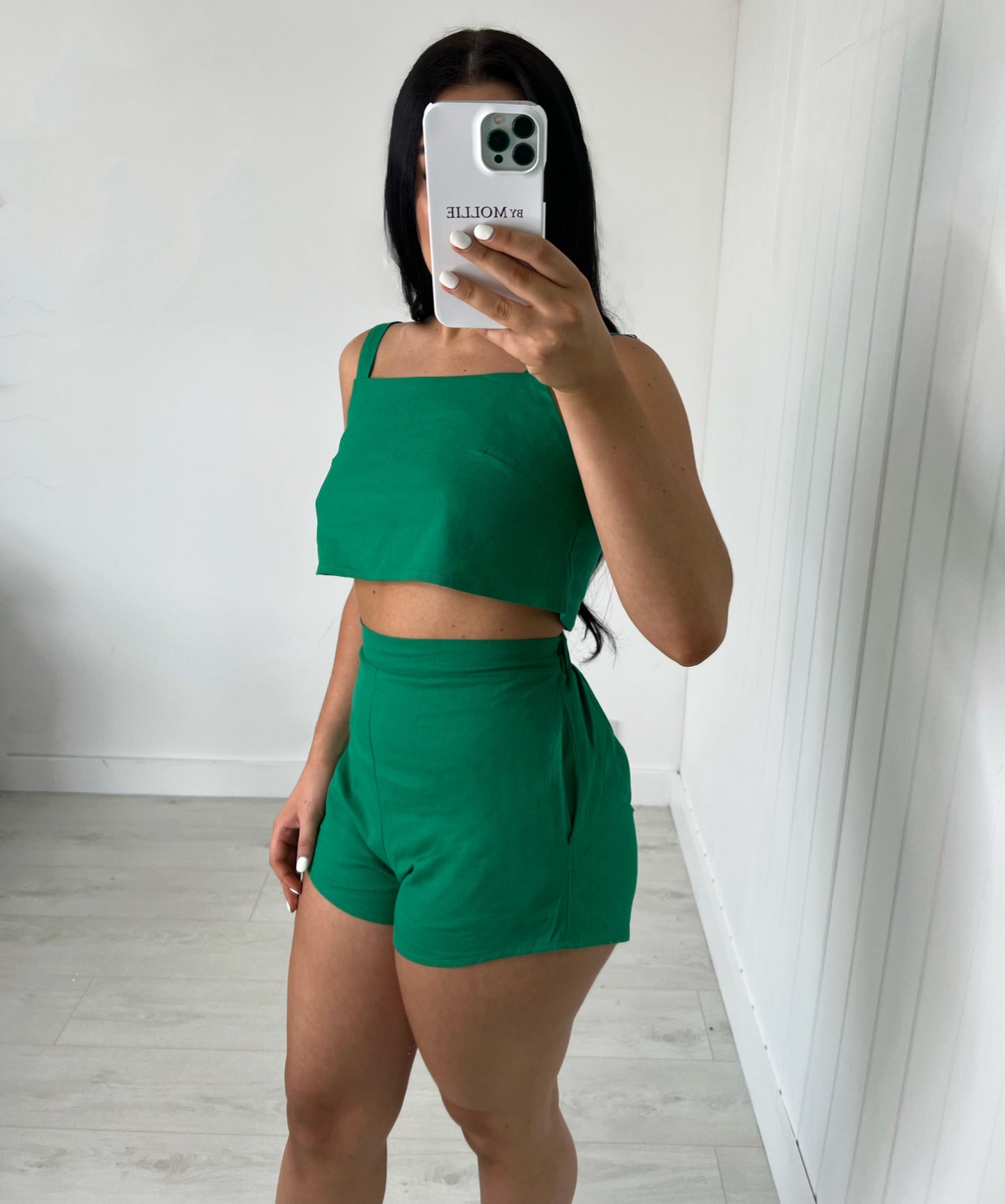 GREEN LINEN BLEND CROP TOP AND SHORTS CO-ORD