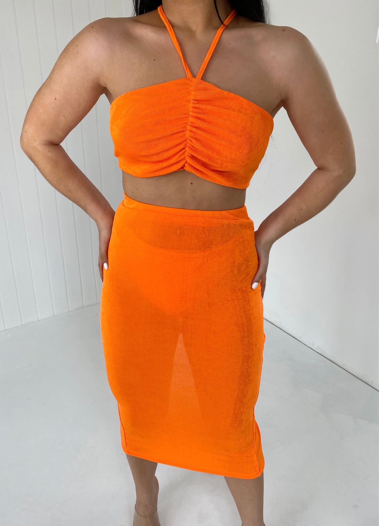 ORANGE SHEER RUCHED CROP TOP AND SPLIT BACK MIDI SKIRT