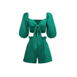 GREEN TIE FRONT CROP BLOUSE AND SHORTS CO-ORD